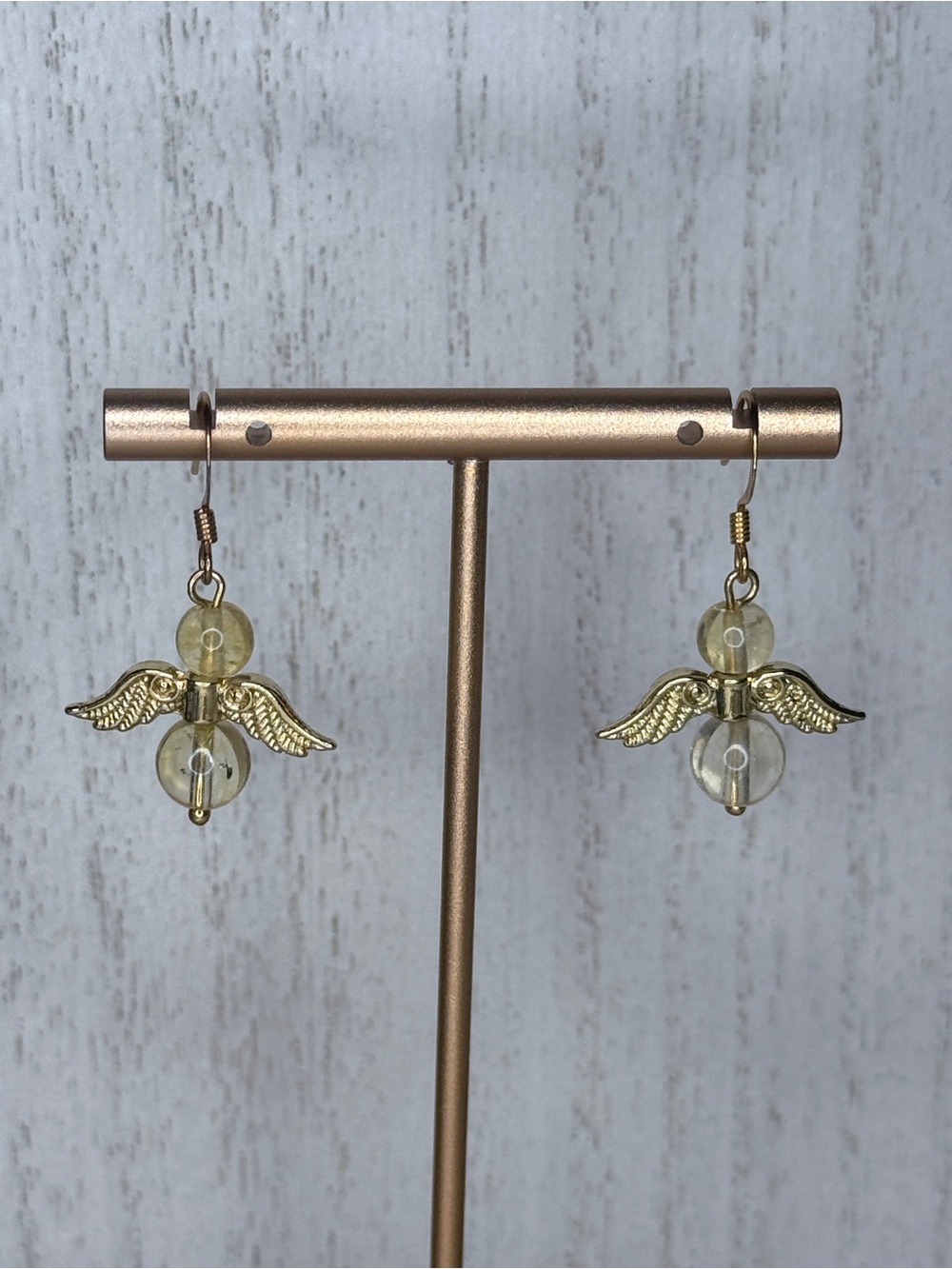 Gold Toned Angel Wing Citrine Bead Dangle Earrings